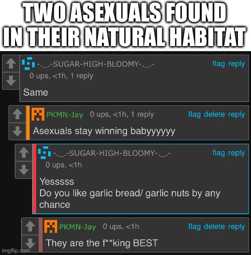 Do not interact unless you are feeding them garlic bread | TWO ASEXUALS FOUND IN THEIR NATURAL HABITAT | made w/ Imgflip meme maker