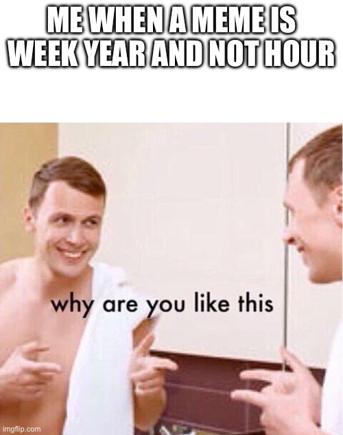 (Not hate meme) | ME WHEN A MEME IS WEEK YEAR AND NOT HOUR | image tagged in why are you like this | made w/ Imgflip meme maker