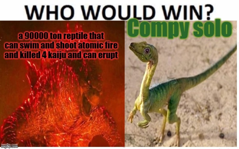 Compy solo | image tagged in jurassic park,jurassic world,godzilla,kaiju,dinosaurs | made w/ Imgflip meme maker
