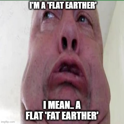 flat 'fat earther' | I'M A 'FLAT EARTHER'; I MEAN.. A FLAT 'FAT EARTHER' | image tagged in flat earthers,flat earth club,conspiracy theory,it's a conspiracy | made w/ Imgflip meme maker