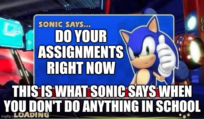This is what sonic says if you don't do your homework (lol) | DO YOUR ASSIGNMENTS RIGHT NOW; THIS IS WHAT SONIC SAYS WHEN YOU DON'T DO ANYTHING IN SCHOOL | image tagged in sonic says | made w/ Imgflip meme maker