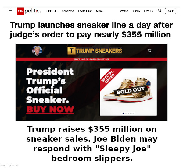 Donald Trump Raises $355 Million From Sneaker Sales | image tagged in donald trump,trump sneakers,sleepy joe biden,bedroom slippers | made w/ Imgflip meme maker