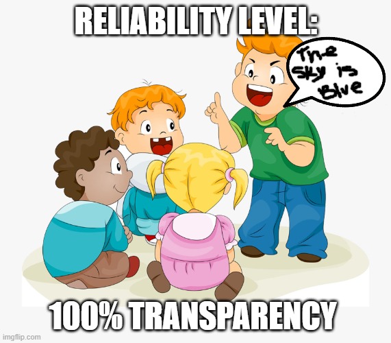 RELIABILITY LEVEL:; 100% TRANSPARENCY | made w/ Imgflip meme maker