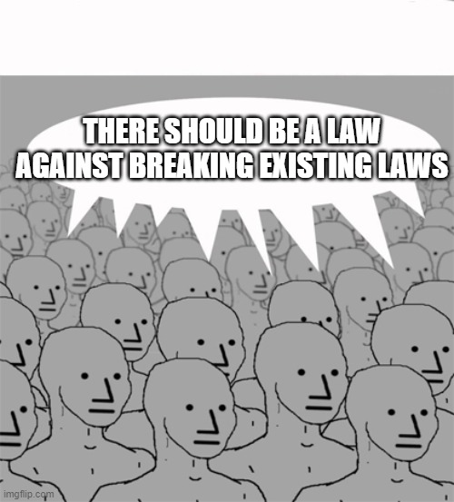 Liberal Mindset | THERE SHOULD BE A LAW AGAINST BREAKING EXISTING LAWS | image tagged in npcprogramscreed | made w/ Imgflip meme maker