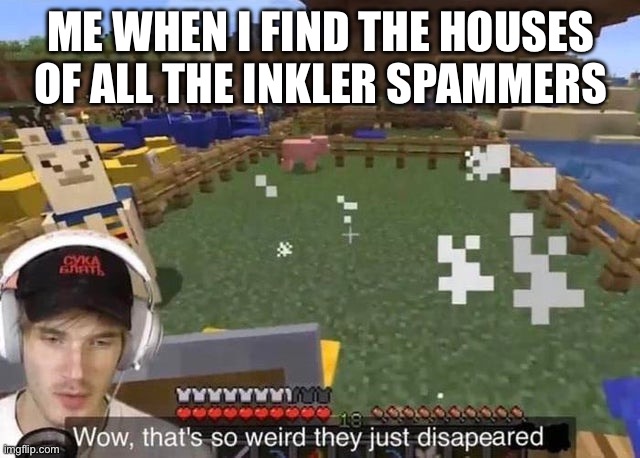 Wow that's so weird they just disappeared | ME WHEN I FIND THE HOUSES OF ALL THE INKLER SPAMMERS | image tagged in wow that's so weird they just disappeared | made w/ Imgflip meme maker
