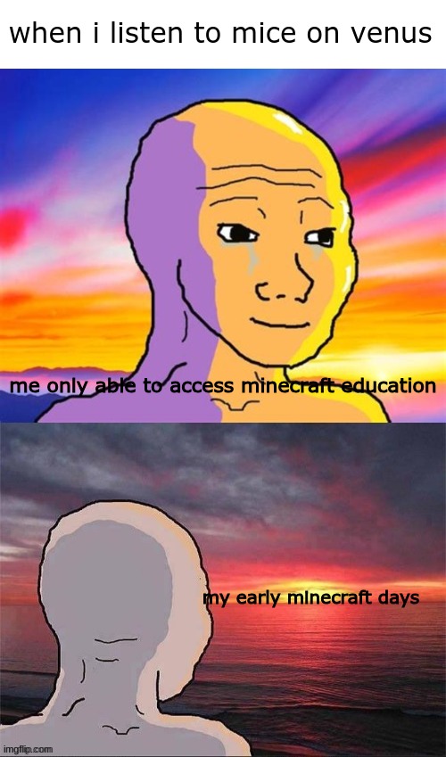 that song brought me back to 2016 when i was only 6 :') | when i listen to mice on venus; me only able to access minecraft education; my early minecraft days | image tagged in wojak nostalgia,minecraft,nostalgia | made w/ Imgflip meme maker