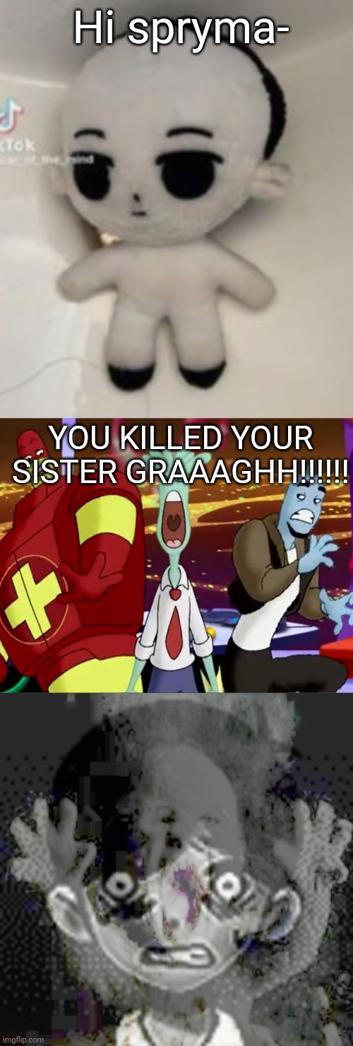 Hi spryma-; YOU KILLED YOUR SISTER GRAAAGHH!!!!!! | made w/ Imgflip meme maker