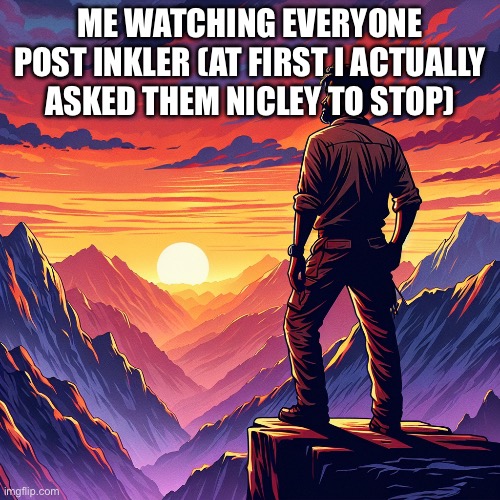 I did. They kept spamming and thats what made me go on the kys spam | ME WATCHING EVERYONE POST INKLER (AT FIRST I ACTUALLY ASKED THEM NICELY TO STOP) | image tagged in man standing on a mountain watching the sunset | made w/ Imgflip meme maker
