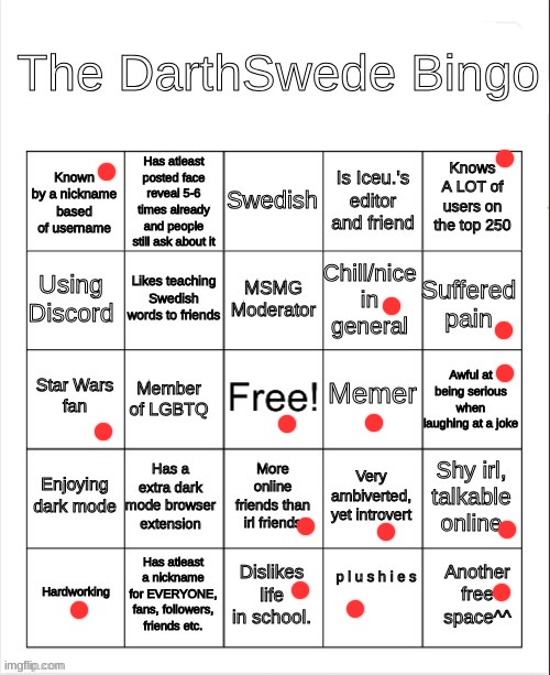 The DarthSwede Bingo | image tagged in the darthswede bingo | made w/ Imgflip meme maker