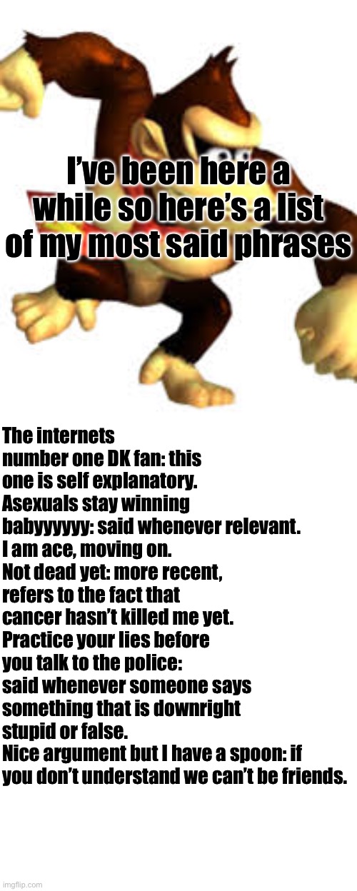 PKMN’s most said phrases. I excluded things like “real” and whatnot because yeah | I’ve been here a while so here’s a list of my most said phrases; The internets number one DK fan: this one is self explanatory.
Asexuals stay winning babyyyyyy: said whenever relevant. I am ace, moving on. 
Not dead yet: more recent, refers to the fact that cancer hasn’t killed me yet. 
Practice your lies before you talk to the police: said whenever someone says something that is downright stupid or false.
Nice argument but I have a spoon: if you don’t understand we can’t be friends. | image tagged in awkward donkey kong | made w/ Imgflip meme maker