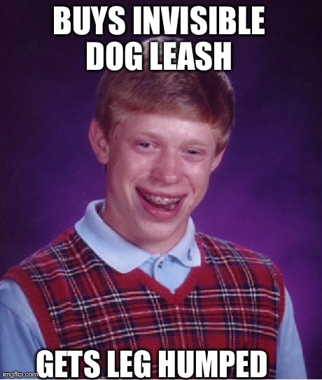 Bad Luck Brian Meme | BUYS INVISIBLE DOG LEASH  GETS LEG HUMPED | image tagged in memes,bad luck brian | made w/ Imgflip meme maker