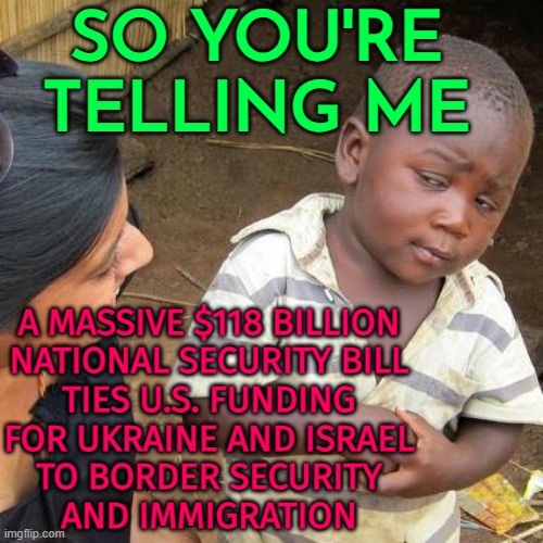 Senate’s $118 Billion National Security Bill | SO YOU'RE
TELLING ME; A MASSIVE $118 BILLION
NATIONAL SECURITY BILL
TIES U.S. FUNDING
FOR UKRAINE AND ISRAEL
TO BORDER SECURITY
AND IMMIGRATION | image tagged in memes,third world skeptical kid,us government,scumbag government,evil government,big government | made w/ Imgflip meme maker