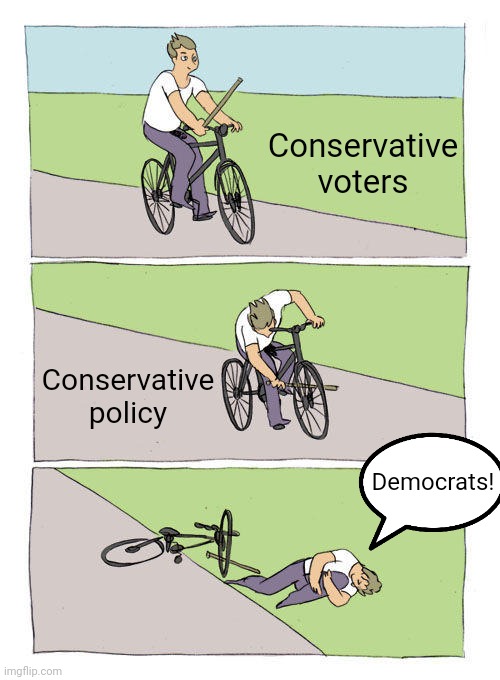 Yes, including economic policy. Especially economic policy. | Conservative voters; Conservative policy; Democrats! | image tagged in memes,bike fall,conservative logic,policy,economics,conservative hypocrisy | made w/ Imgflip meme maker