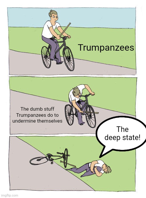 Accept responsibility. Stop blaming the boogeyman for the problems you cause for yourself. | Trumpanzees; The dumb stuff Trumpanzees do to undermine themselves; The deep state! | image tagged in memes,bike fall,trump,deep state,conservative logic,responsibility | made w/ Imgflip meme maker