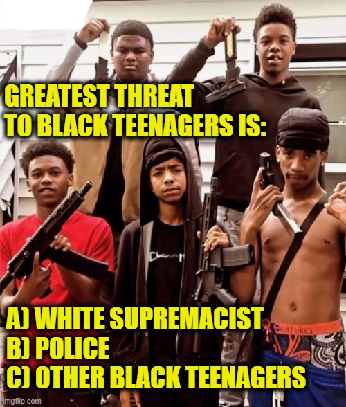 Do black lives really matter? | GREATEST THREAT TO BLACK TEENAGERS IS:; A) WHITE SUPREMACIST 
B) POLICE 
C) OTHER BLACK TEENAGERS | image tagged in biased media | made w/ Imgflip meme maker