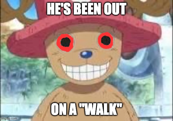 Chopper smiling | HE'S BEEN OUT; ON A "WALK" | image tagged in chopper smiling | made w/ Imgflip meme maker