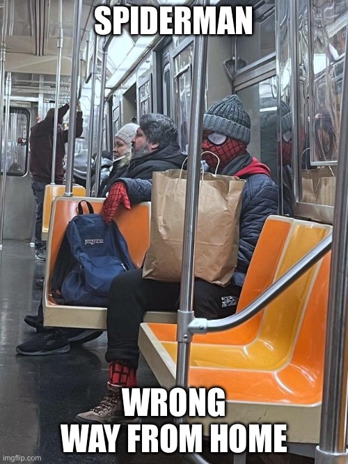 Spidermanwrong | SPIDERMAN; WRONG WAY FROM HOME | image tagged in spider-man,subway,wrong,home | made w/ Imgflip meme maker
