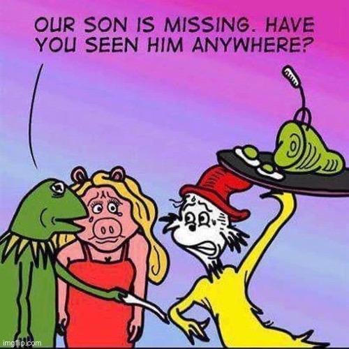 Kermit and Miss Piggy (Mod note: The cat in the hat knows a lot about that) | image tagged in miss piggy,kermit,lost | made w/ Imgflip meme maker