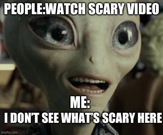 Paul: Spaceballs Alien | PEOPLE:WATCH SCARY VIDEO; ME:; I DON’T SEE WHAT’S SCARY HERE | image tagged in universal studios | made w/ Imgflip meme maker