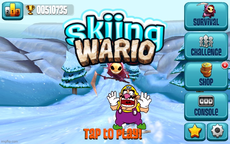 Skiing Wario title screen | image tagged in wario dies,bloody,skiing | made w/ Imgflip meme maker