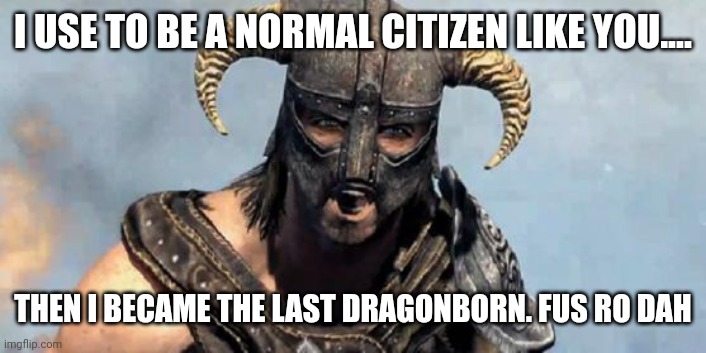 Dovahkiin | I USE TO BE A NORMAL CITIZEN LIKE YOU.... THEN I BECAME THE LAST DRAGONBORN. FUS RO DAH | image tagged in skyrim,elder scrolls | made w/ Imgflip meme maker