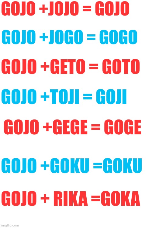 It ain't gonna upvote itself | GOJO +JOJO = GOJO; GOJO +JOGO = GOGO; GOJO +GETO = GOTO; GOJO +TOJI = GOJI; GOJO +GEGE = GOGE; GOJO +GOKU =GOKU; GOJO + RIKA =GOKA | image tagged in front page plz,lol,no way,memes,funny,dogs | made w/ Imgflip meme maker