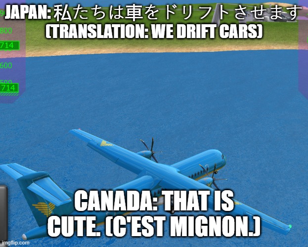 They drift planes. | JAPAN: 私たちは車をドリフトさせます (TRANSLATION: WE DRIFT CARS); CANADA: THAT IS CUTE. (C'EST MIGNON.) | image tagged in air canada flight 143 in tfs | made w/ Imgflip meme maker