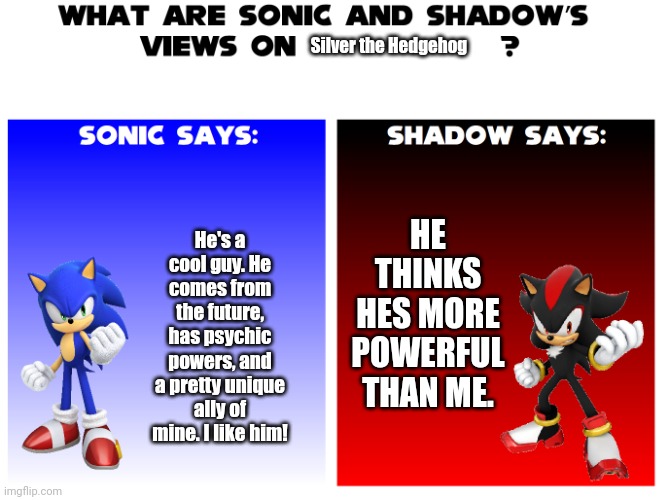 Sonic and shadow’s views on... | Silver the Hedgehog; He's a cool guy. He comes from the future, has psychic powers, and a pretty unique ally of mine. I like him! HE THINKS HES MORE POWERFUL THAN ME. | image tagged in sonic and shadow s views on | made w/ Imgflip meme maker