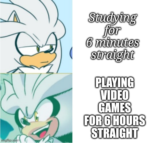 Silver drake template | Studying for 6 minutes straight; PLAYING VIDEO GAMES FOR 6 HOURS STRAIGHT | image tagged in silver drake template | made w/ Imgflip meme maker