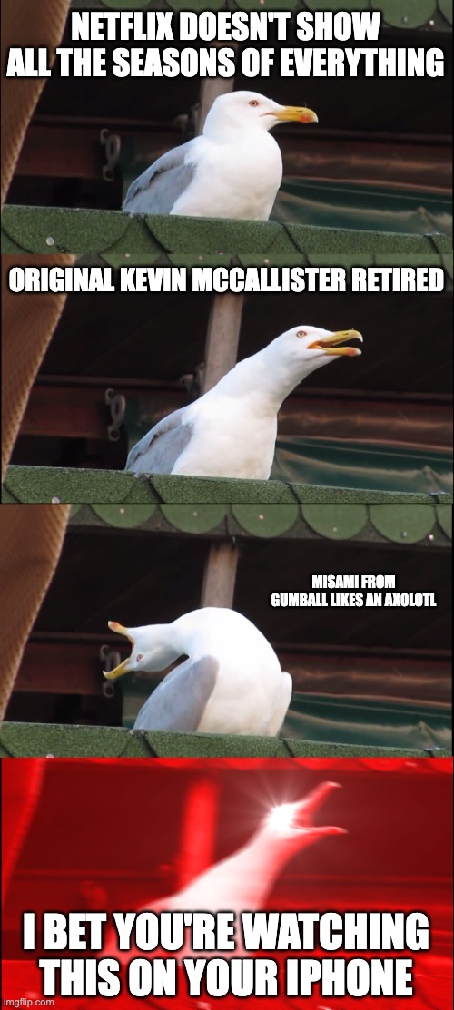 Inhaling Seagull Meme | NETFLIX DOESN'T SHOW ALL THE SEASONS OF EVERYTHING; ORIGINAL KEVIN MCCALLISTER RETIRED; MISAMI FROM GUMBALL LIKES AN AXOLOTL; I BET YOU'RE WATCHING THIS ON YOUR IPHONE | image tagged in memes,inhaling seagull | made w/ Imgflip meme maker