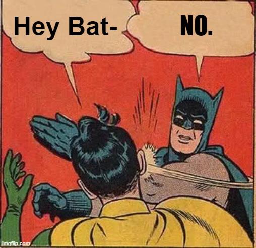 Batman Slapping Robin | Hey Bat-; NO. | image tagged in memes,batman slapping robin | made w/ Imgflip meme maker