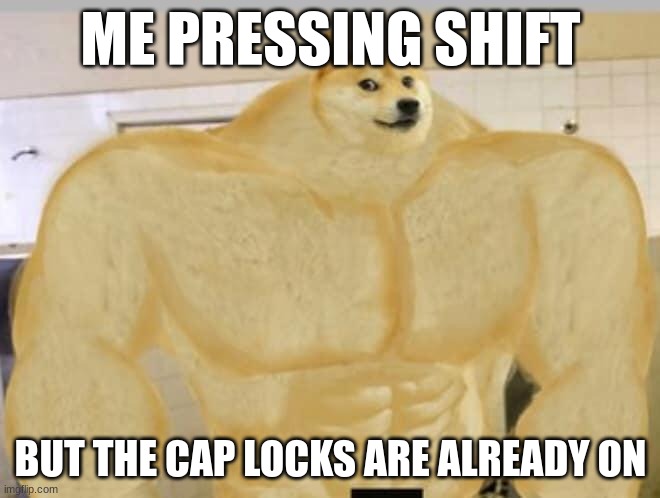 Buff Doge | ME PRESSING SHIFT; BUT THE CAP LOCKS ARE ALREADY ON | image tagged in buff doge | made w/ Imgflip meme maker