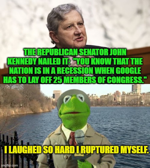 Both funny and . . . true. | THE REPUBLICAN SENATOR JOHN KENNEDY NAILED IT:  "YOU KNOW THAT THE NATION IS IN A RECESSION WHEN GOOGLE HAS TO LAY OFF 25 MEMBERS OF CONGRESS."; I LAUGHED SO HARD I RUPTURED MYSELF. | image tagged in yep | made w/ Imgflip meme maker