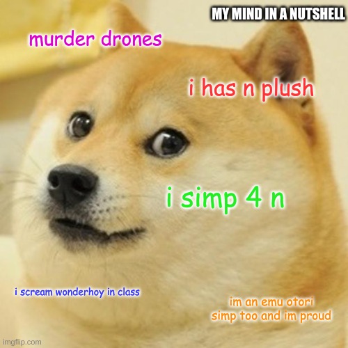 my mind during a school day | MY MIND IN A NUTSHELL; murder drones; i has n plush; i simp 4 n; i scream wonderhoy in class; im an emu otori simp too and im proud | image tagged in memes,doge | made w/ Imgflip meme maker