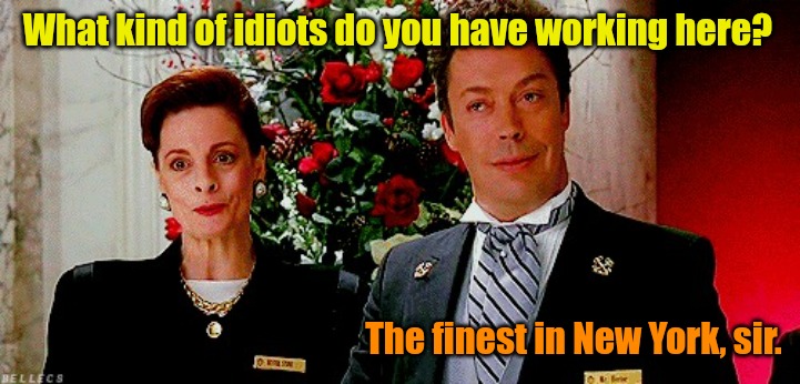 What kind of idiots? | What kind of idiots do you have working here? The finest in New York, sir. | image tagged in finest idiots in new york | made w/ Imgflip meme maker