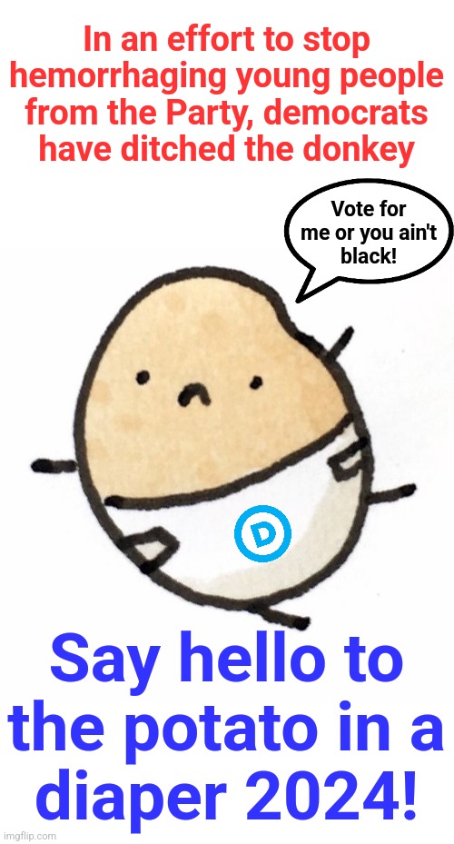 The new symbol of the Party | In an effort to stop hemorrhaging young people from the Party, democrats
have ditched the donkey; Vote for
me or you ain't
black! Say hello to
the potato in a
diaper 2024! | image tagged in memes,potato in a diaper,joe biden,dementia,election 2024,democrats | made w/ Imgflip meme maker