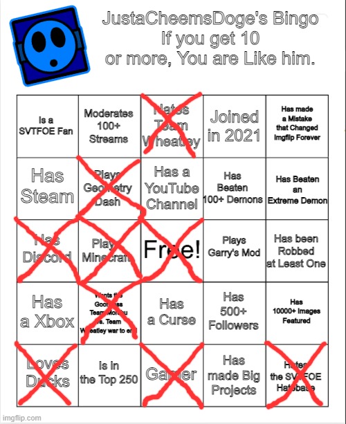i hop on minecraft and gd every now and then | image tagged in justacheemsdoge's bingo | made w/ Imgflip meme maker
