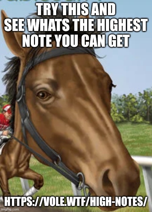 Big horse | TRY THIS AND SEE WHATS THE HIGHEST NOTE YOU CAN GET; HTTPS://VOLE.WTF/HIGH-NOTES/ | image tagged in big horse | made w/ Imgflip meme maker