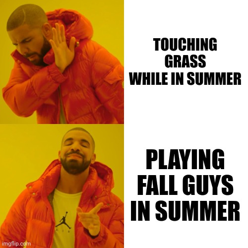 a great time in 4 months rolling in the game | TOUCHING GRASS WHILE IN SUMMER; PLAYING FALL GUYS IN SUMMER | image tagged in memes,drake hotline bling,fall guys | made w/ Imgflip meme maker