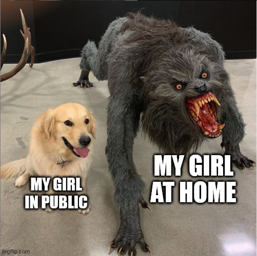 my girl at home | MY GIRL AT HOME; MY GIRL IN PUBLIC | image tagged in dog vs werewolf,fun,girlfriend,home,public | made w/ Imgflip meme maker