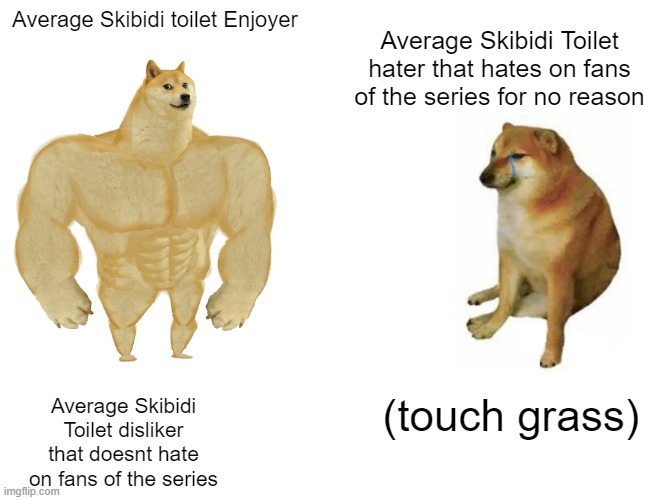 You can dislike it, but just keep ur opinion to urself plz- | Average Skibidi toilet Enjoyer; Average Skibidi Toilet hater that hates on fans of the series for no reason; (touch grass); Average Skibidi Toilet disliker that doesnt hate on fans of the series | image tagged in memes,buff doge vs cheems,skibidi toilet | made w/ Imgflip meme maker