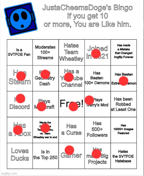 Posting it here because I got banned from his stream | image tagged in justacheemsdoge's bingo | made w/ Imgflip meme maker