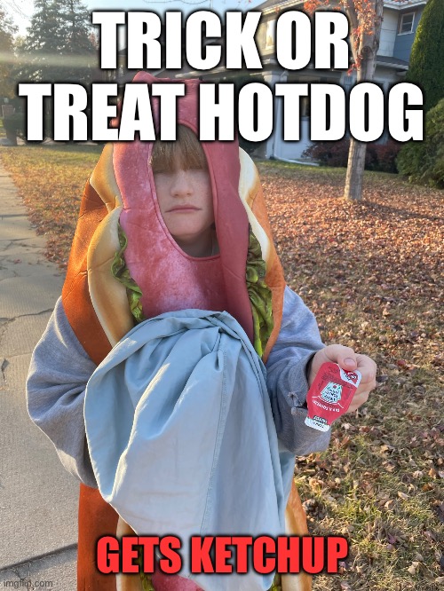 Trick or Treat Hotdog | TRICK OR TREAT HOTDOG; GETS KETCHUP | image tagged in ketchup,hotdog,halloween | made w/ Imgflip meme maker