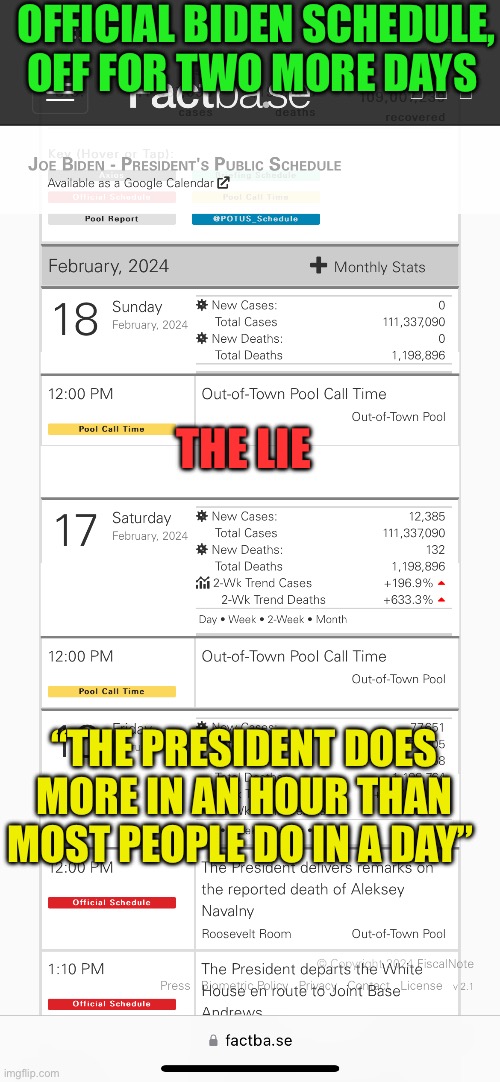 Hidden’ Biden off again. Not the transparency we need | OFFICIAL BIDEN SCHEDULE, OFF FOR TWO MORE DAYS; THE LIE; “THE PRESIDENT DOES MORE IN AN HOUR THAN MOST PEOPLE DO IN A DAY” | image tagged in gifs,biden,democrat,dementia,transparent,incompetence | made w/ Imgflip meme maker