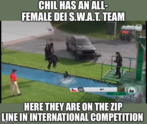 What could possibly go wrong?   https://m.youtube.com/watch?v=AqJ5sj8kbik | CHIL HAS AN ALL- FEMALE DEI S.W.A.T. TEAM; HERE THEY ARE ON THE ZIP LINE IN INTERNATIONAL COMPETITION | image tagged in dei,fail,aff female,swat team,zip line | made w/ Imgflip meme maker