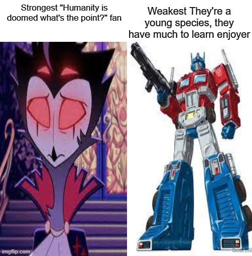 gigachad vs virgin meme | Weakest They're a young species, they have much to learn enjoyer; Strongest "Humanity is doomed what's the point?" fan | image tagged in average fan vs average enjoyer,transformers,helluva boss | made w/ Imgflip meme maker