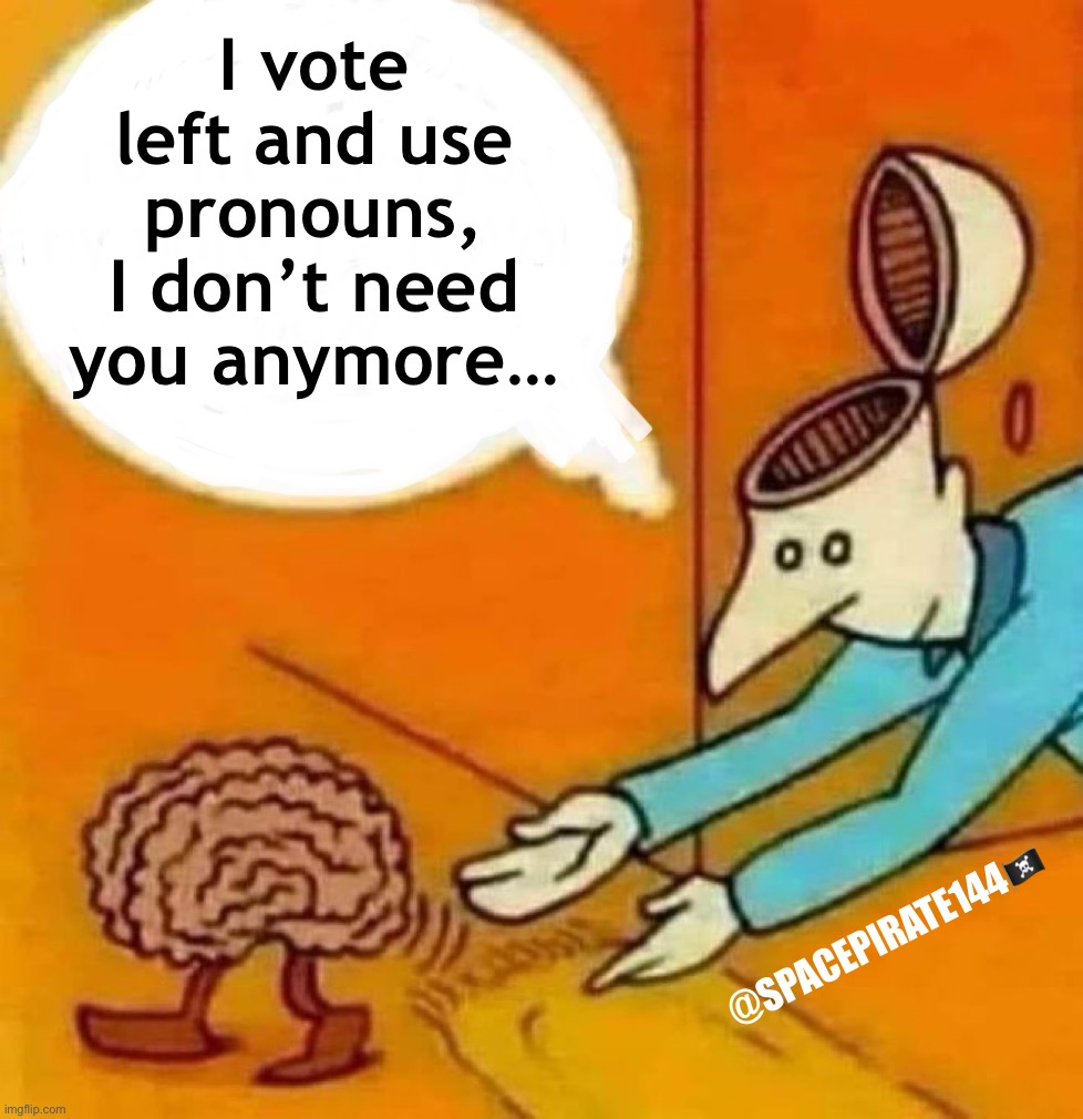 I Vote Left And Use Pronouns | I vote left and use pronouns,
I don’t need you anymore…; @SPACEPIRATE144🏴‍☠️ | image tagged in woke,leftism,liberalism,pronouns | made w/ Imgflip meme maker