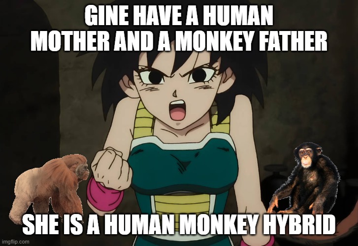 dragon ball facts | GINE HAVE A HUMAN MOTHER AND A MONKEY FATHER; SHE IS A HUMAN MONKEY HYBRID | image tagged in gine,dragon ball z,monkey,hybrid,facts | made w/ Imgflip meme maker