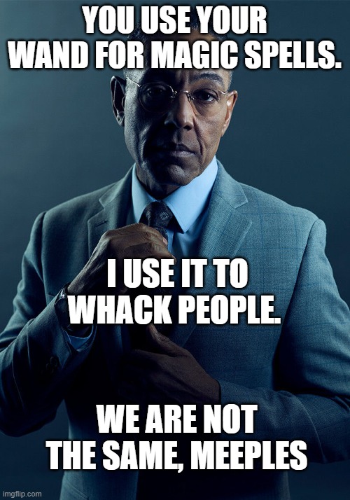 I also stab with it, but it depends on who I'm dealing with. | YOU USE YOUR WAND FOR MAGIC SPELLS. I USE IT TO WHACK PEOPLE. WE ARE NOT THE SAME, MEEPLES | image tagged in gus fring we are not the same,memes | made w/ Imgflip meme maker