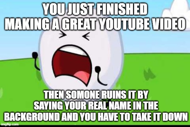 This has happened to me to many times | YOU JUST FINISHED MAKING A GREAT YOUTUBE VIDEO; THEN SOMONE RUINS IT BY SAYING YOUR REAL NAME IN THE BACKGROUND AND YOU HAVE TO TAKE IT DOWN | image tagged in bfdi snowball nooooo | made w/ Imgflip meme maker